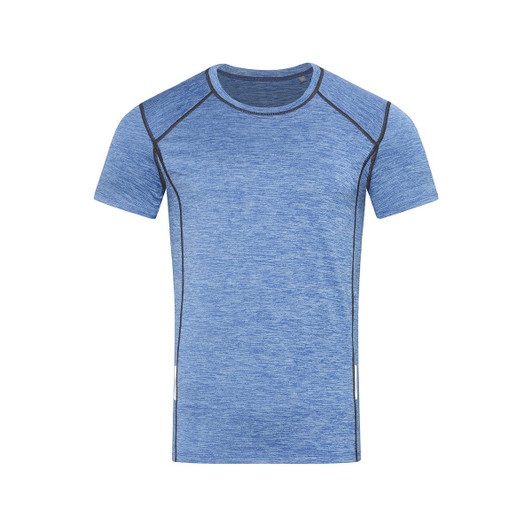 A blue men's recycled sports T-shirt with a fitted design and contrasting black seams. It features a logo.