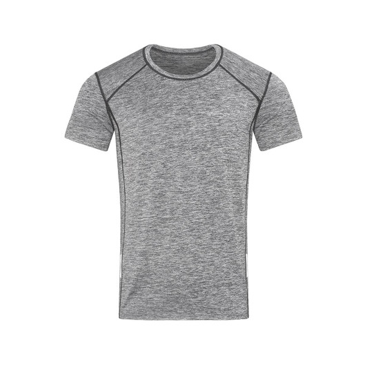 A grey short-sleeved T-shirt made from recycled materials, featuring a logo.