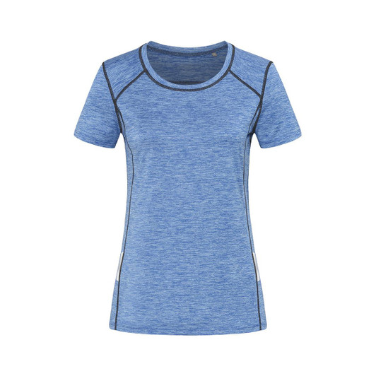 A blue athletic T-shirt with short sleeves and contrasting seams, featuring a logo.
