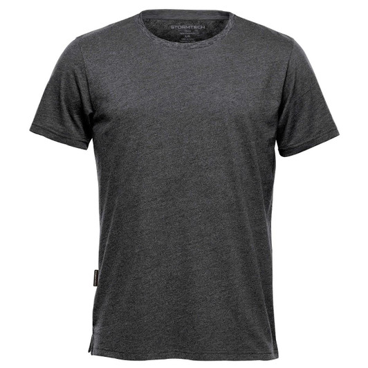 A grey crew neck t-shirt with short sleeves and a side label detail. It features a branding logo on the neckline.