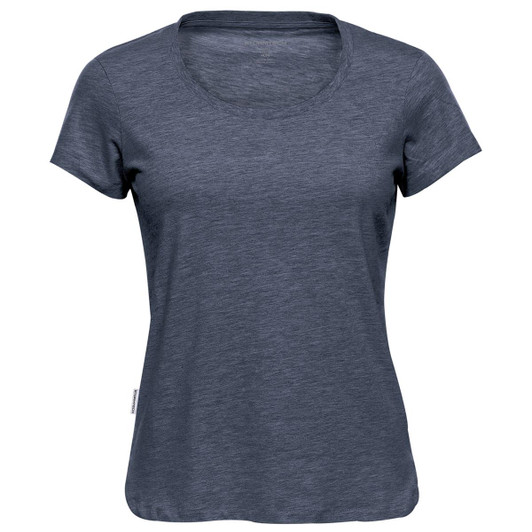 A women's crew neck tee in a dark navy colour, featuring short sleeves and a relaxed fit. The shirt has a brand logo.