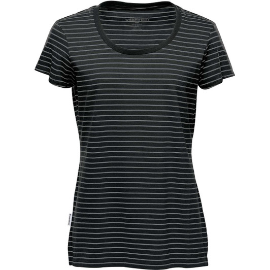 A women's crew neck t-shirt in black with horizontal stripes, featuring a logo. Short sleeves and a relaxed fit.