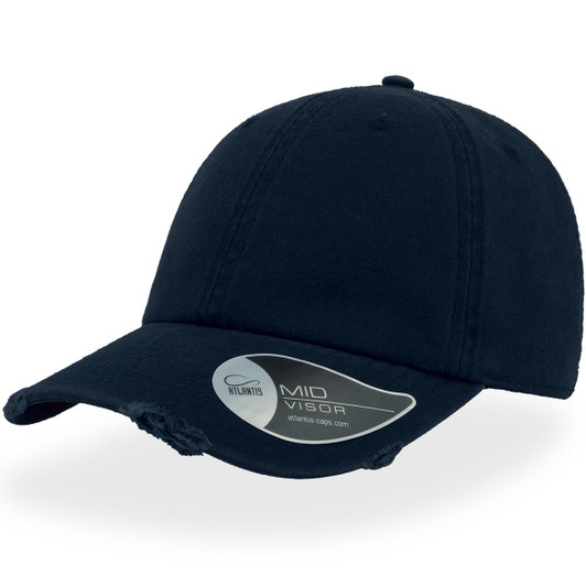 A navy blue cap with a damaged brim, featuring a logo on the side.