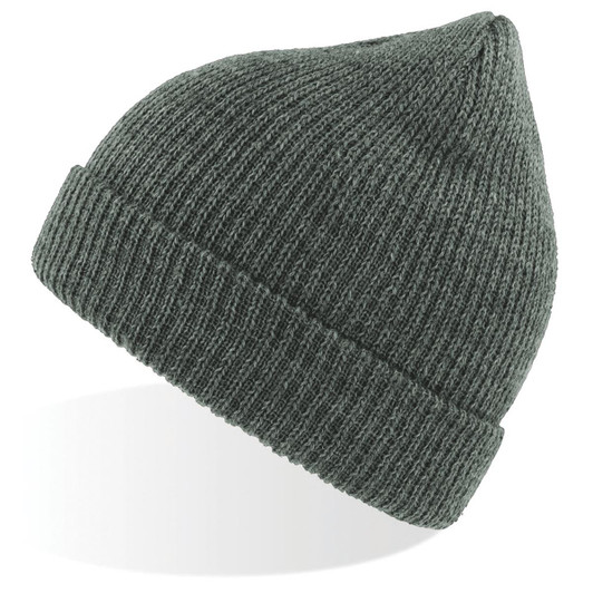 A grey Woolly Beanie with ribbed texture and a tapered top, featuring a logo.