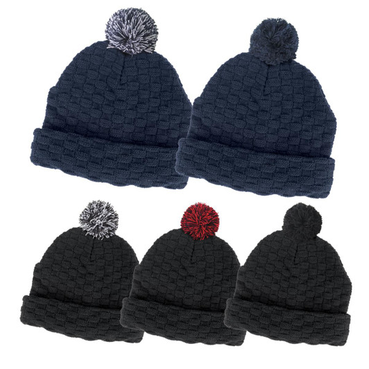 A collection of pom pom beanies in dark navy and dark green, featuring a textured pattern and contrasting pom poms.