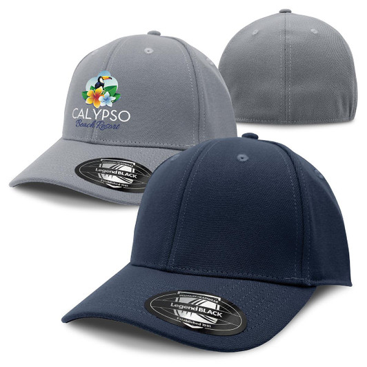 Two caps in grey and navy, each featuring a logo, showcasing a structured design with curved brims.