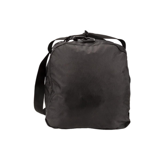 A black duffle bag with a textured surface and an adjustable shoulder strap. The bag has a logo.