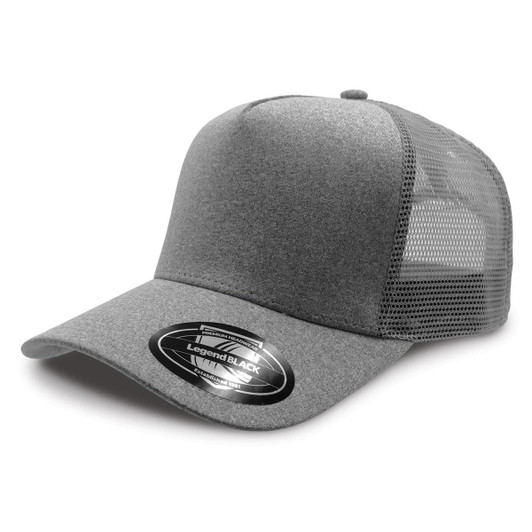 A grey trucker cap with a solid front and a mesh back, featuring a logo on the tag.
