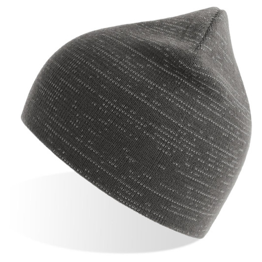 A grey beanie with a textured pattern and a pointed top. It features a logo on the side.