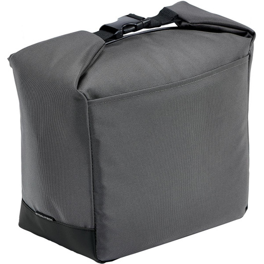A grey cooler bag featuring a sturdy handle and a secure closure, ideal for keeping items cool.