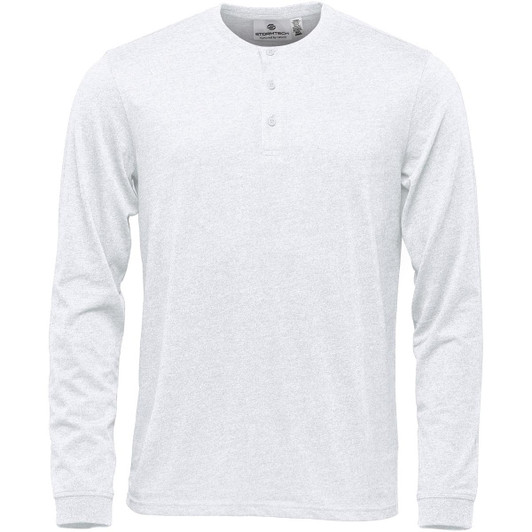 A long-sleeve, light grey Henley shirt with a three-button collar and a small logo.