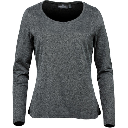 A long-sleeve women's T-shirt in a dark grey colour with a rounded neckline and a subtle logo.