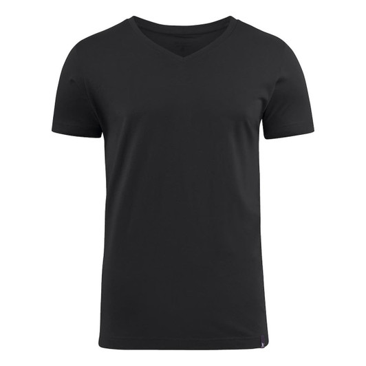 A black men's V-neck T-shirt featuring short sleeves and a logo on the hem.
