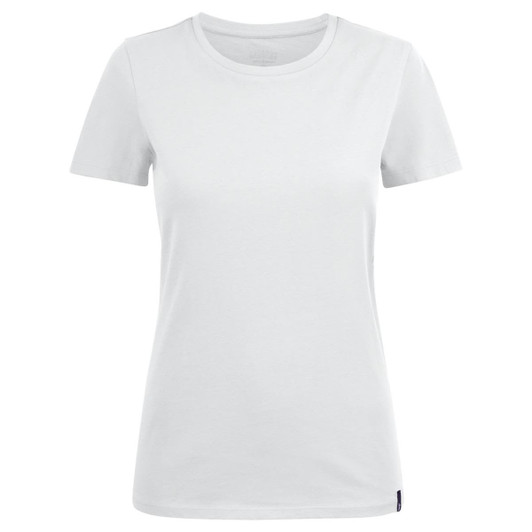 A white women's crew neck t-shirt featuring short sleeves and a logo.