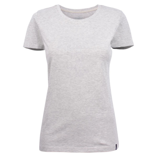 A light grey women's crew neck t-shirt featuring a fitted design and a logo at the hem.