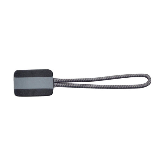A grey zip puller with a rectangular handle and a looped strap. Features a branded logo.