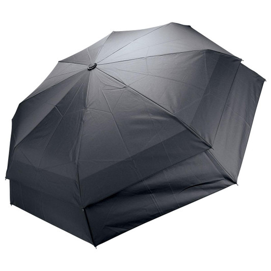 A black compact umbrella with a sleek design and a logo, featuring multiple ribs for stability.