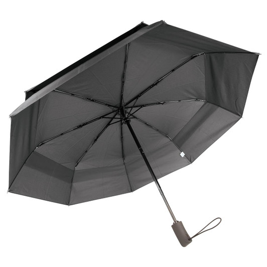 A compact black umbrella with a sturdy handle and a folding design, featuring a metal frame and canopy.