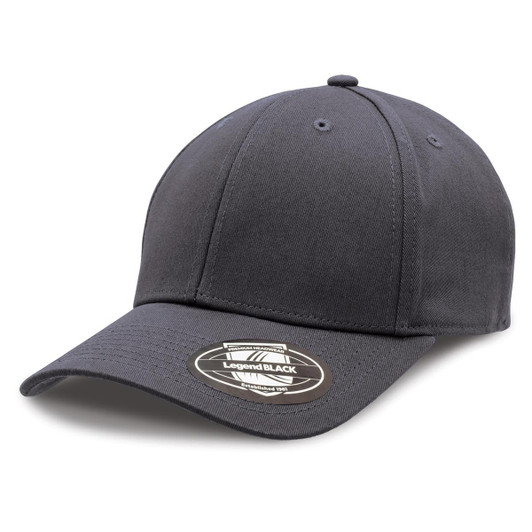 A black cap with a curved brim and a logo on the front, featuring a structured design.
