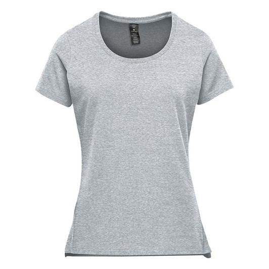 A light grey women's performance short sleeve tee featuring a scoop neckline and a logo.