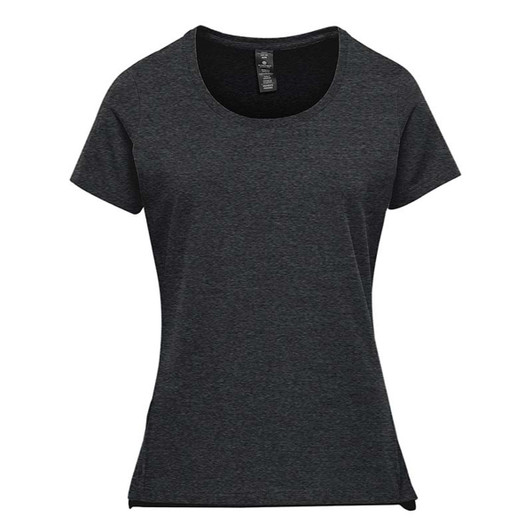 A women's short sleeve tee in dark grey, featuring a round neckline and a logo.