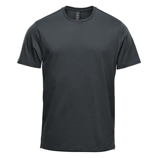 A dark green men's short sleeve tee with a simple design and a logo on the label.