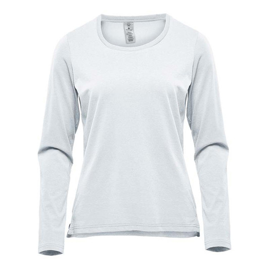 A light grey long sleeve tee with a round neckline. The shirt has a simple design and features a logo.