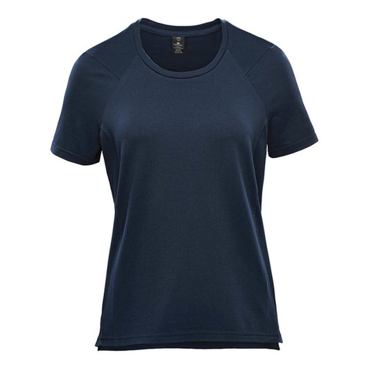 A women's short sleeve tee in navy blue, featuring a round neckline and a logo on the fabric.