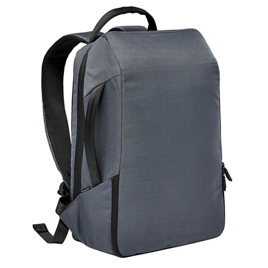 A dark grey backpack with padded straps and a sleek design, featuring a side zipper and a logo.