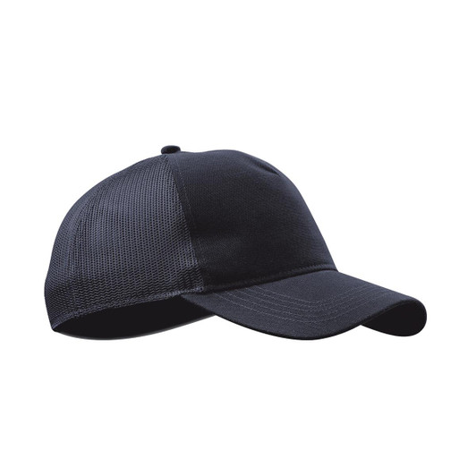 A black trucker cap featuring a solid front and mesh back, with an adjustable strap and a logo.