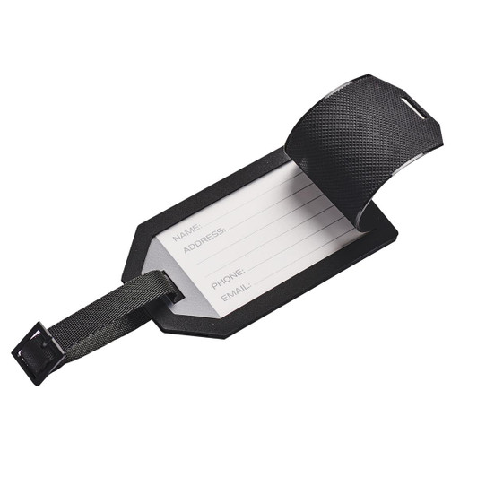 A black luggage tag with a textured finish, featuring a blank space for personal details. It includes a sturdy strap.