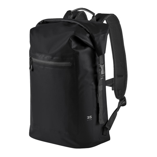 A black waterproof backpack with adjustable straps and a front zip pocket. It has a distinctive branding logo.