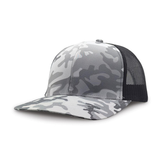 A grey and white camouflage trucker cap with a mesh back and a curved brim. It features a logo on the front.