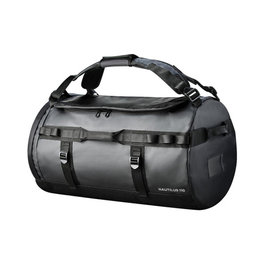 A black and grey waterproof duffle bag featuring adjustable straps and a branding logo.