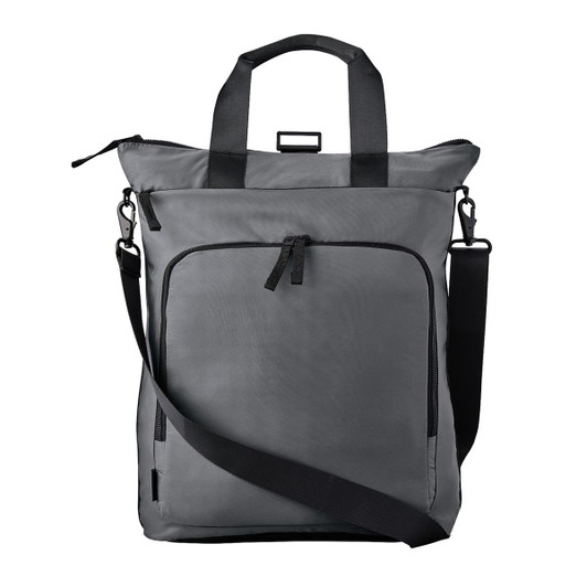 A grey tote backpack featuring dual handles, a shoulder strap, and multiple zippered pockets. Includes a logo.