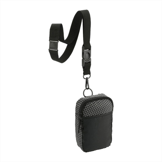 A black and grey grid-patterned phone pouch with a lanyard attached for easy carrying.