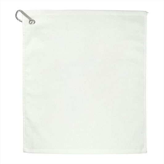 A 15" x 18" white terry golf towel featuring a metal grommet for attachment, includes a logo.