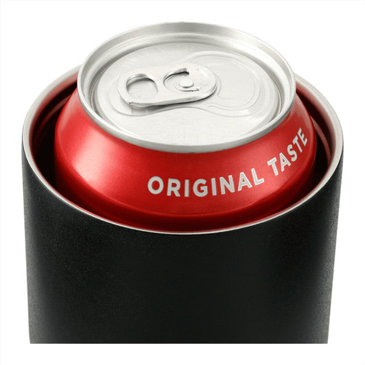 A drink bottle with a black exterior holding a red can featuring a pull-tab lid. The can has a logo on the side.
