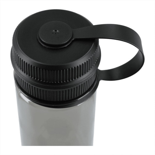 A drink bottle made from recycled R-PET with a black screw-on lid and a looped carry handle.