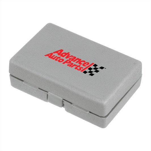 A grey tool kit case featuring a logo, containing a 26-piece deluxe tool set.