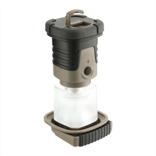 A compact, black and grey mini camping lantern with a clear light section and hook for hanging.