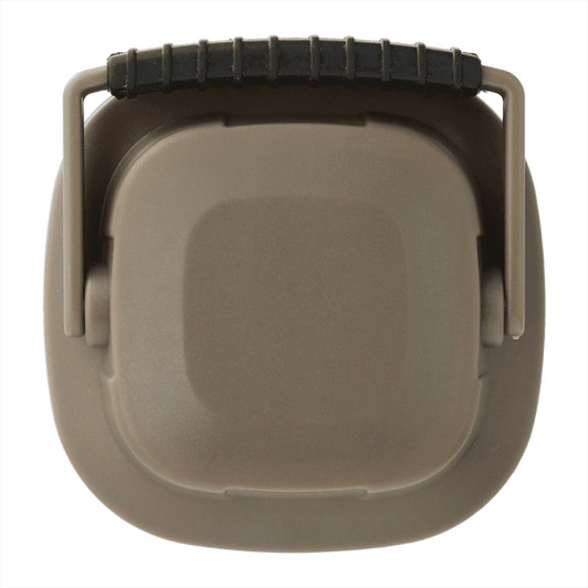 A mini camping lantern in olive green, featuring a sturdy handle for easy carrying. It has a smooth, square shape.