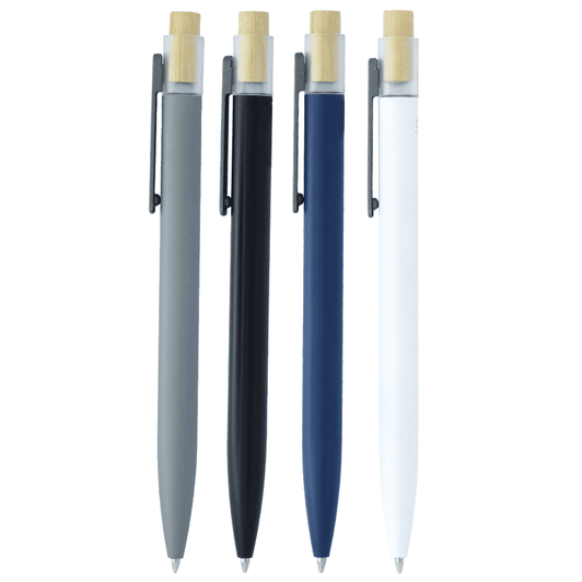 Recycled aluminium pens with bamboo clickers in grey, black, navy, and white, featuring a clip and branding.