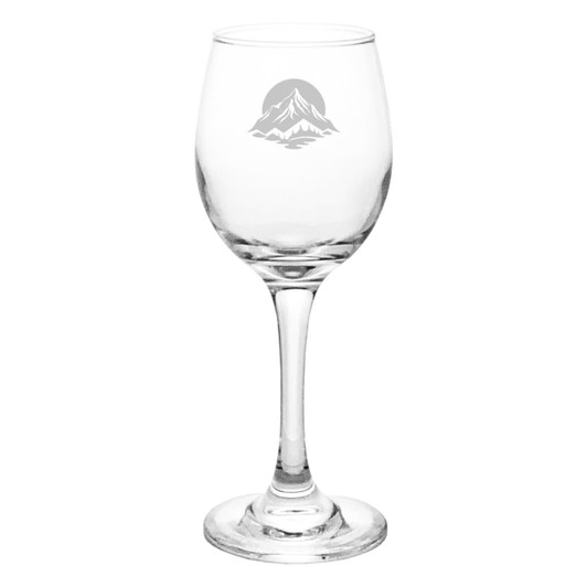 A clear glass wine glass with a tall stem and an etched mountain design. Holds 200ml.