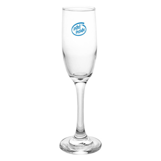 A clear glass champagne flute with a tall stem and a round base. It features a logo on the surface.