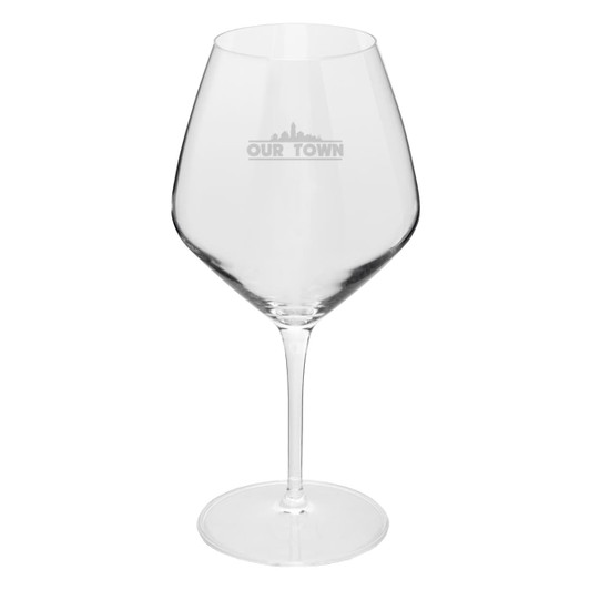 A wine glass with a large bowl and a slender stem, featuring a logo. Clear glass with a classic design.