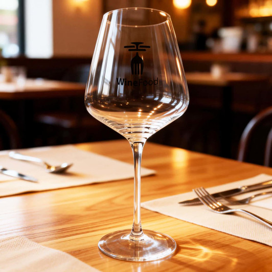 A tall, clear wine glass with a wide bowl, featuring a logo, placed on a wooden table setting.