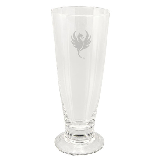 A clear, tall beer glass with a smooth finish and a decorative logo.