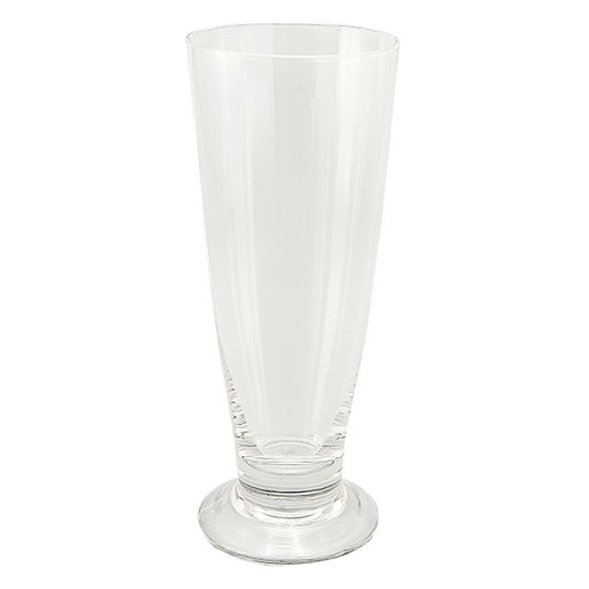 A clear, tall beer glass with a tapered design and a sturdy base.