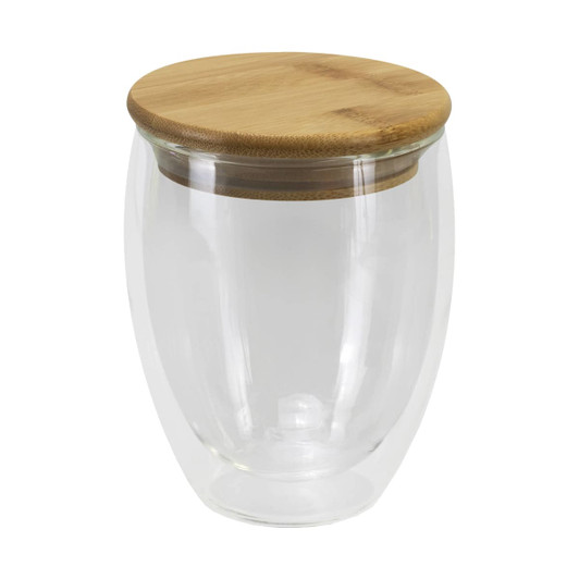 A drinkware product featuring a clear double wall glass cup with a bamboo lid, 350ml capacity.